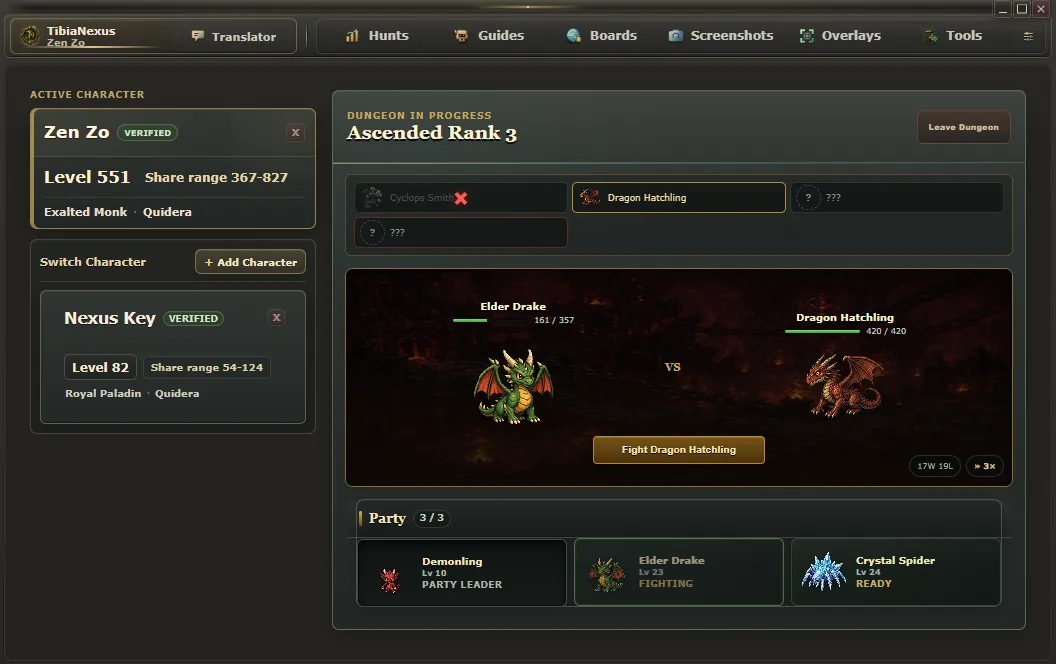 TibiaNexus character screen with a pet party and an active Ascended dungeon