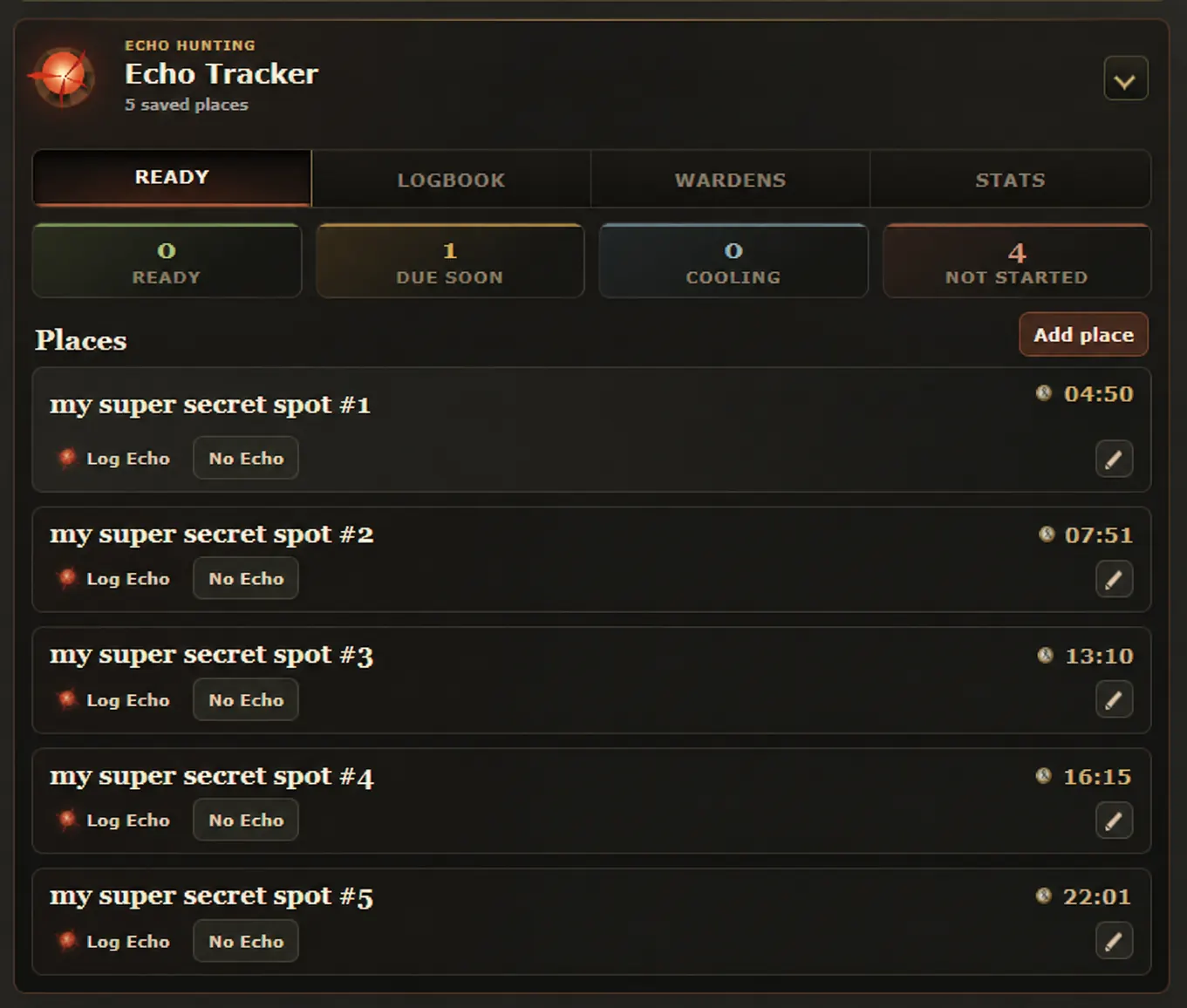TibiaNexus Echo Tracker showing saved hunting places and their ready, due soon, cooling, or not started status