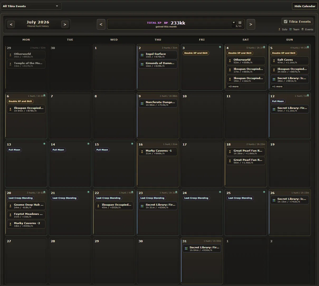 TibiaNexus calendar connecting hunts with Tibia events and monthly XP