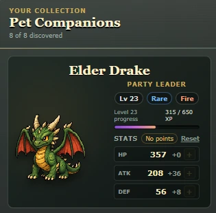 TibiaNexus Pet Companions collection showing an Elder Drake party leader at level 23 with stats and XP progress