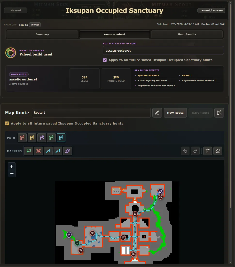 TibiaNexus Route and Wheel view with a saved Monk build and an Iksupan hunting route