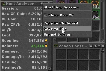 Tibia Hunt Analyser menu with Save to File selected