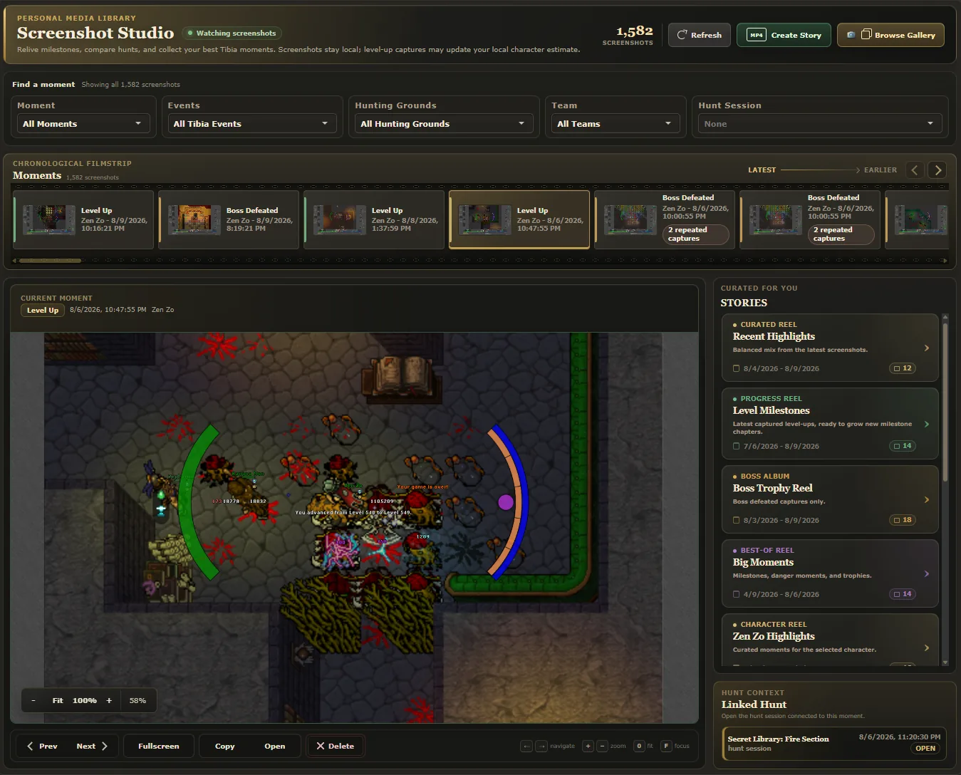 TibiaNexus Screenshot Studio organizing level ups, boss defeats, stories, and linked hunts