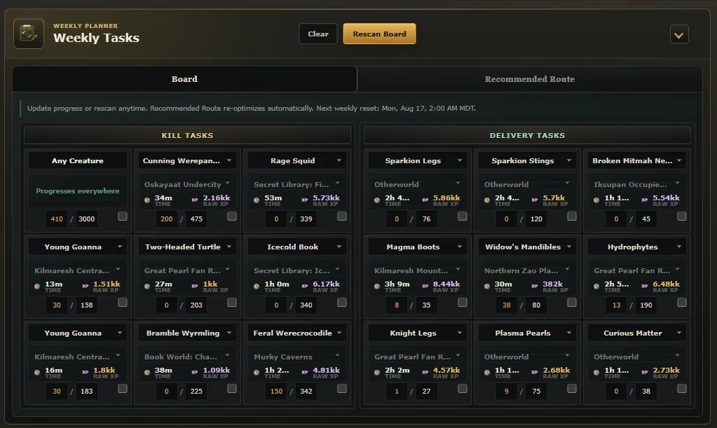 TibiaNexus Weekly Tasks board showing detected kill tasks, delivery tasks, progress, time, and XP