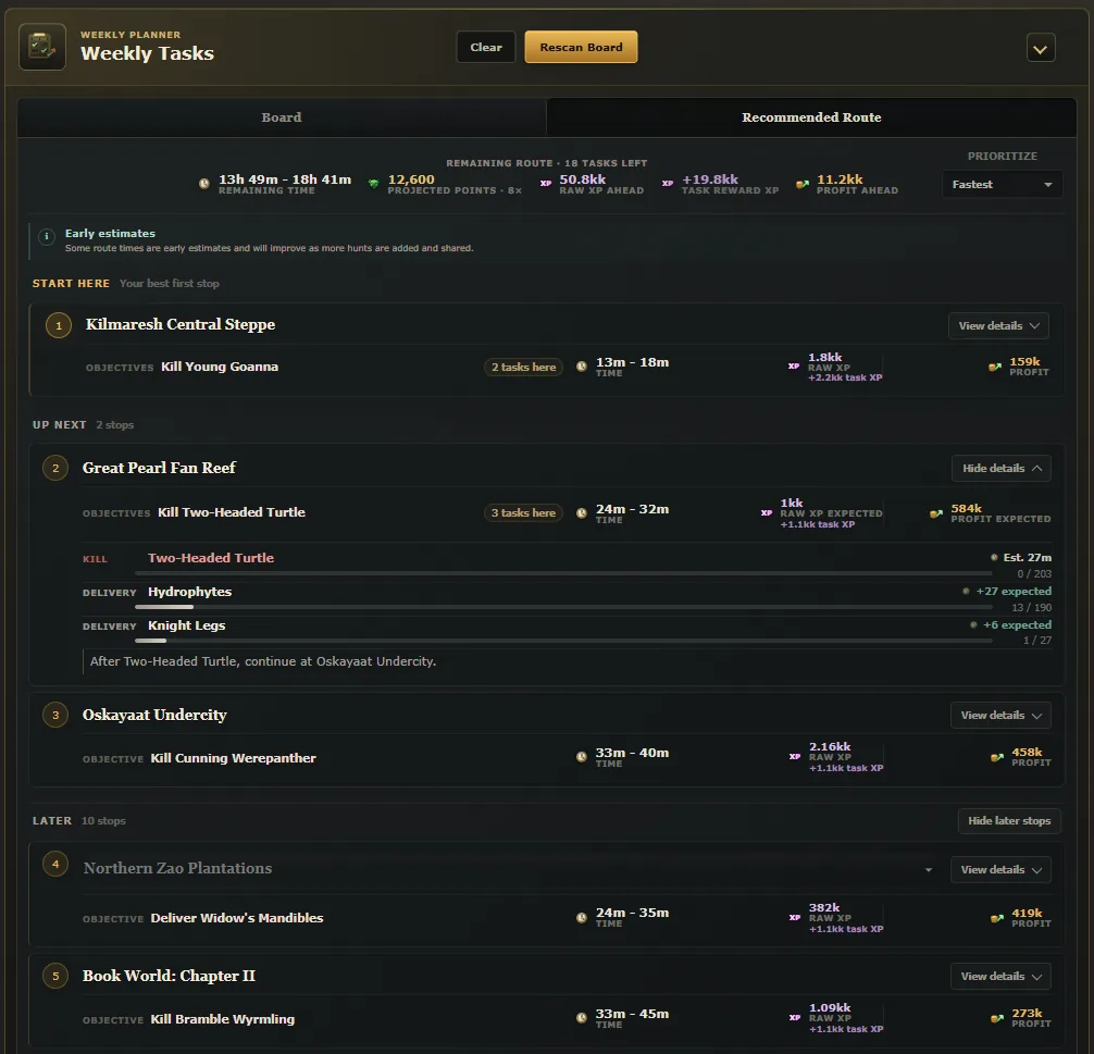 TibiaNexus recommended weekly task route with ordered stops and projected time, points, XP, and profit