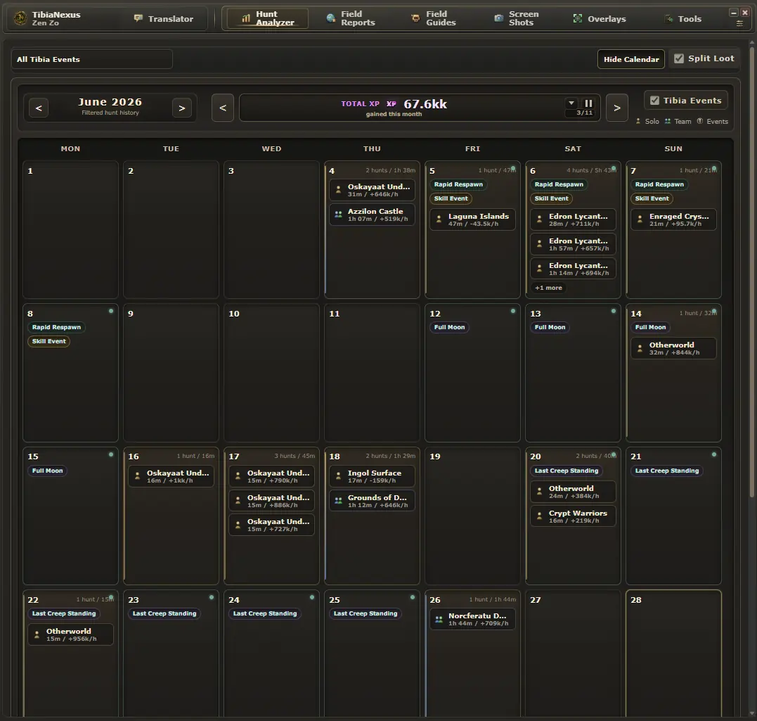 TibiaNexus Calendar showing June 2026 hunt history, Tibia events, and session stats
