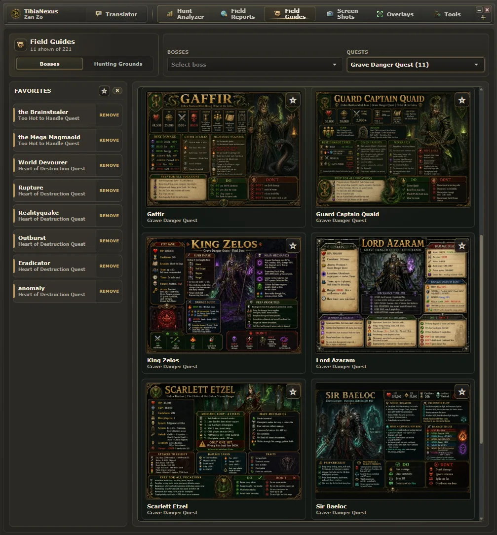 Field Guides overview showing boss guide cards and favorites