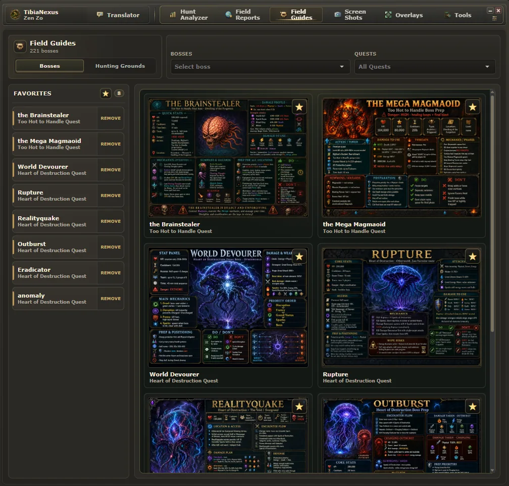 TibiaNexus Field Guides showing boss reference cards and favorites