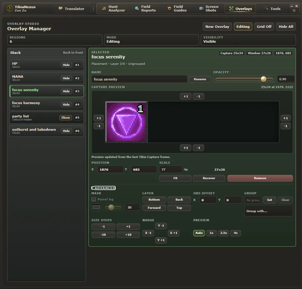 TibiaNexus Overlays tab showing captured gameplay widgets and layout controls