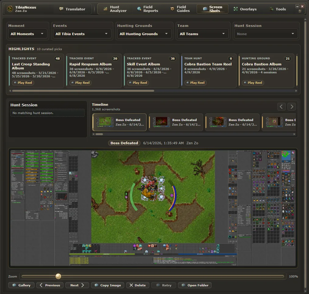 TibiaNexus Screenshot Gallery showing curated highlights and hunt context