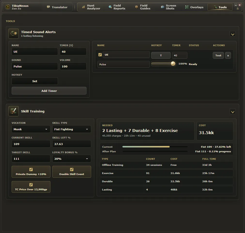 TibiaNexus Tools tab showing timed sound alerts and skill training calculator