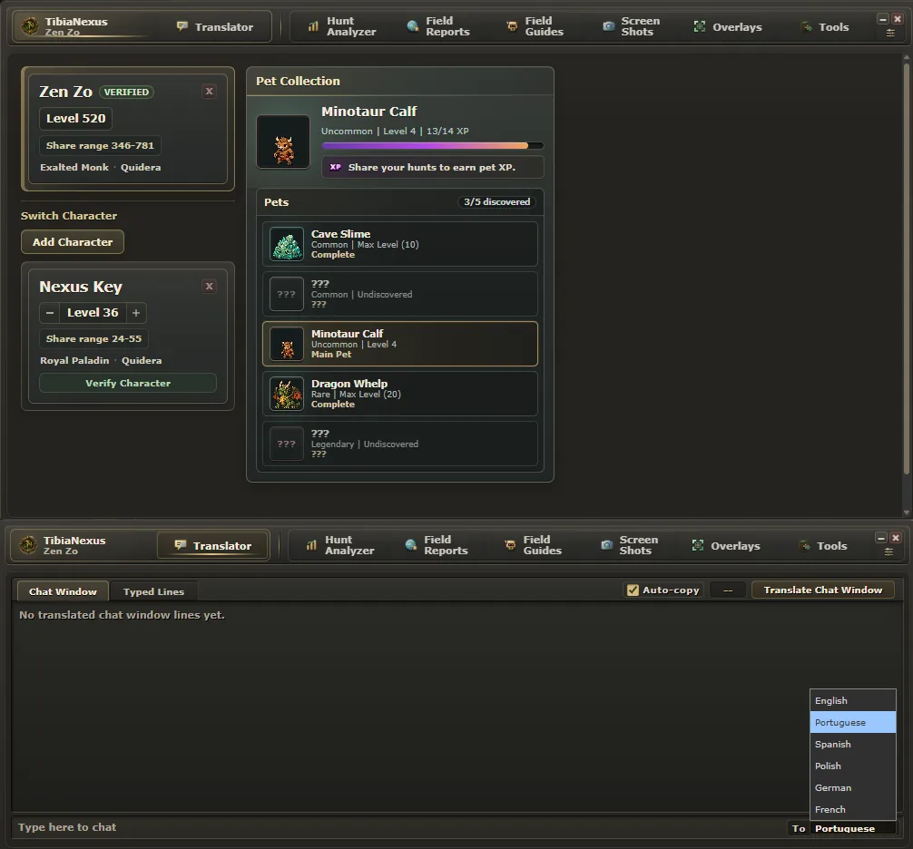 TibiaNexus Translator and character profile panels