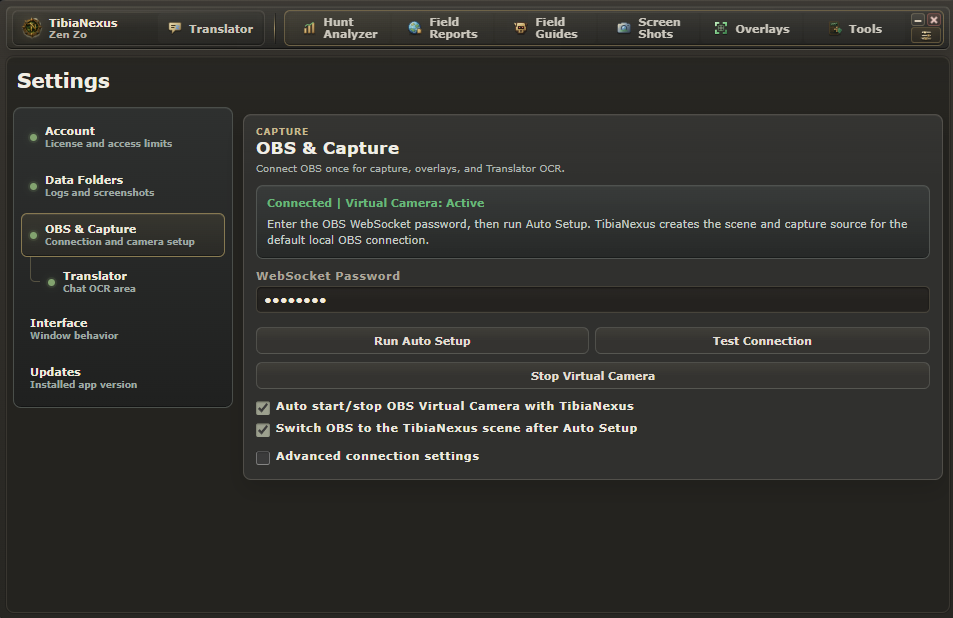 TibiaNexus OBS Auto Setup screen for connecting OBS Studio