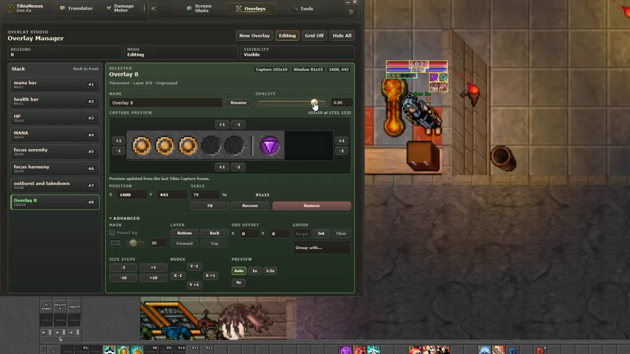 Overlay Manager editing a captured region beside Tibia gameplay