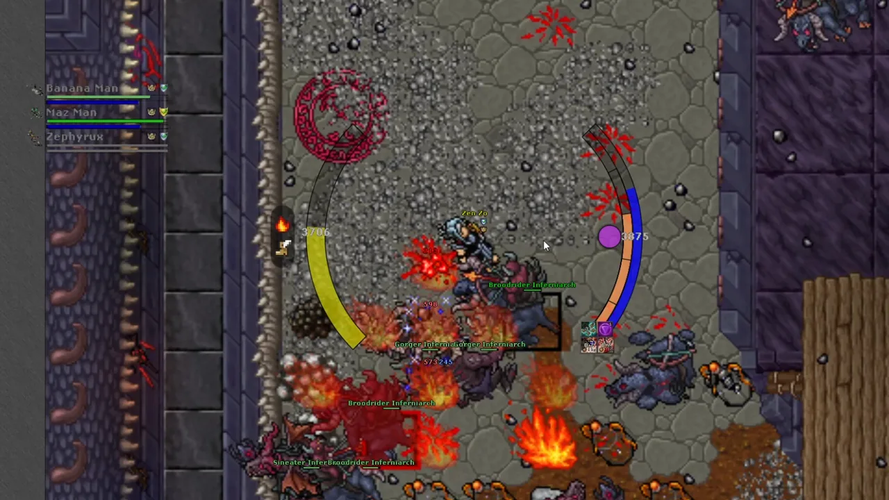 Party overlays and curved status meters arranged around Tibia combat