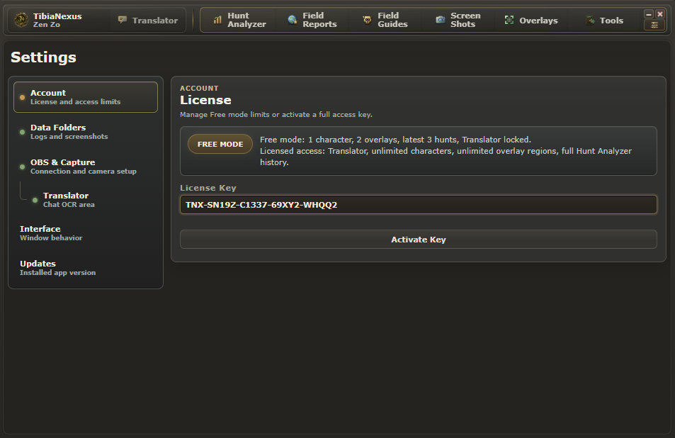 TibiaNexus settings screen for entering a license key