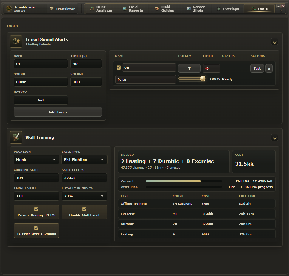 TibiaNexus Tools tab showing timer, sound, and calculator utilities