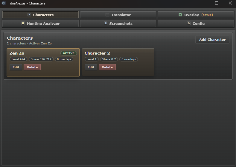 TibiaNexus character profiles with level and overlay counts.