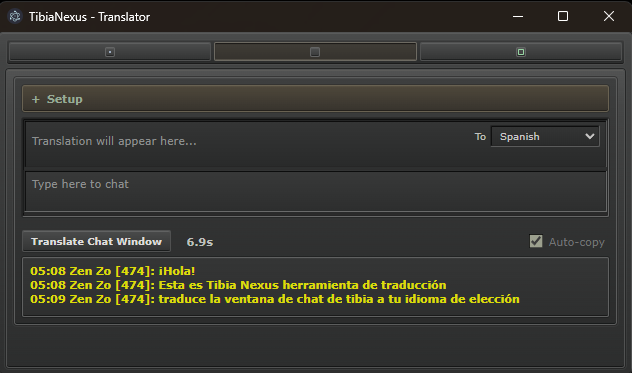 TibiaNexus Translator with translated chat feed and outgoing compose area.