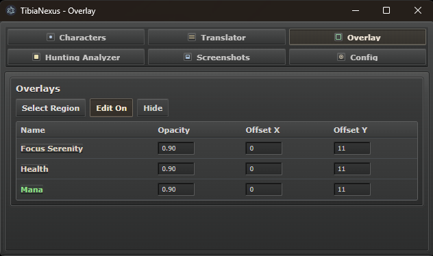 TibiaNexus Overlay tab with named overlay regions and opacity controls.